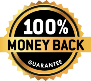 A bold and professional badge featuring the text '100% Money Back Guarantee' in white and black, encircled by a gold and black border with a starburst design, symbolizing trust and customer satisfaction.