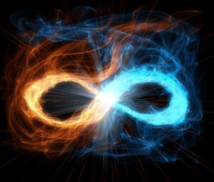 A vibrant infinity symbol made of intertwining fiery orange and electric blue energy streams, emanating dynamic motion and light