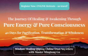 Promotional banner featuring a vibrant sunset over mountain silhouettes with the text 'The Journey Of Healing & Awakening Through Pure Energy & Pure Consciousness - 40 Days for Purification, Transformation & Wholeness.' Includes a call-to-action 'Register Now: ONLINE Retreats - no travel!' and highlights 'Wisdom Healing Qigong Online from Anywhere with Master Mingtong Gu.'