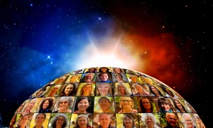Collage of smiling faces displayed on a glowing spherical surface, symbolizing global community and connection under a cosmic sky with vibrant stars and light.