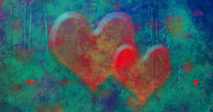 Abstract artwork of two large overlapping hearts in shades of red and orange, set against a textured, distressed background in blues and greens, with small red hearts and white scratch marks, evoking a sense of deep emotional complexity.