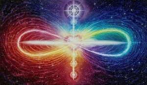 A cosmic digital artwork depicting an infinite symbol made of a gradient light spectrum, blending from red to blue, set against a starry galactic background with integrated spiritual symbols, centered around a luminous core, conveying a theme of eternity and universal connectivity.