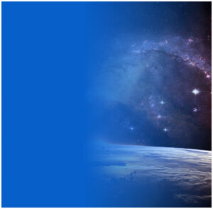 Abstract image featuring a view of Earth from space transitioning into a deep blue background with a star-filled galaxy, symbolizing universal connection and cosmic exploration.