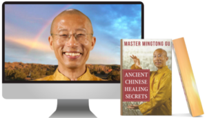 An image showcasing Master Mingtong Gu on a computer screen with a serene desert and rainbow background, alongside a book titled 'Ancient Chinese Healing Secrets,' symbolizing holistic wisdom and self-healing techniques.
