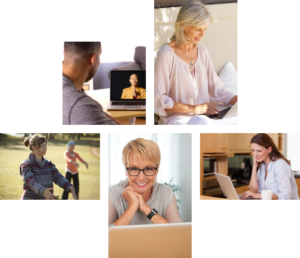A collage showcasing diverse individuals engaging in online and outdoor wellness activities.