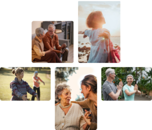A collage of five images showcasing wellness and connection: an elderly couple sitting and sharing a moment, a woman joyfully embracing the sunlight by the ocean, a group practicing Qigong outdoors, two women in a supportive conversation, and a pair engaging in mindful movement exercises together in a garden.