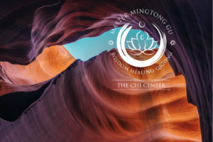 Scenic canyon with vibrant orange and purple rock formations under a clear blue sky, featuring the Master Mingtong Gu Wisdom Healing Qigong logo and The Chi Center branding.