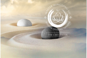 Serene sand art with smooth black and white stones placed in gentle swirling patterns, under a soft cloudy sky, featuring the Master Mingtong Gu Wisdom Healing Qigong logo and The Chi Center branding.
