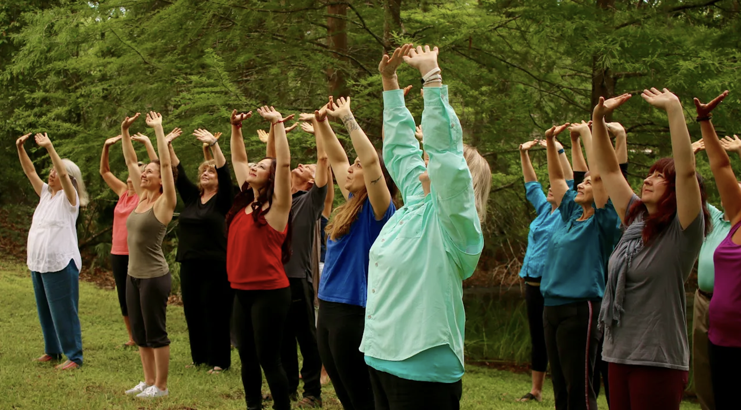 A group of people practicing Qigong in a park.