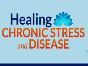 Image of a blue lotus flower above the bold text 'Healing Chronic Stress and Disease' on a light blue background, promoting stress relief and holistic health solutions