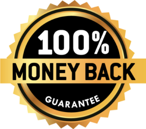 100% Money Back Guarantee badge with a gold and black design, symbolizing trust and assurance for products or services.