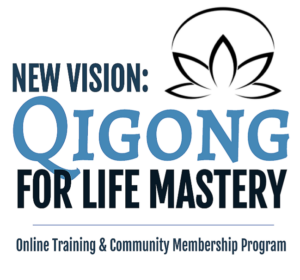 Logo for 'New Vision: Qigong for Life Mastery,' featuring bold blue and black text with a stylized lotus flower, promoting an online training and community membership program focused on holistic well-being and mastery.