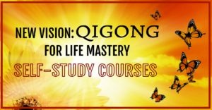 Vibrant promotional image for 'New Vision: Qigong for Life Mastery Self-Study Courses,' featuring a glowing sunflower, bright orange and yellow hues, and butterflies symbolizing transformation and growth.