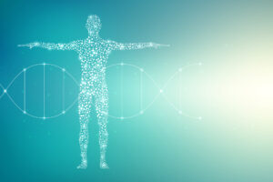 Digital illustration of a human figure composed of glowing interconnected dots, symbolizing energy and connectivity, set against a gradient blue-green background with subtle curved lines representing waves or frequency patterns.