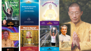 A collage showcasing various Wisdom Healing Qigong programs and retreats led by Master Mingtong Gu, featuring diverse topics such as Sound Healing, Empowered Healing, Awaken Vitality, and Qigong energy practices for health and happiness.
