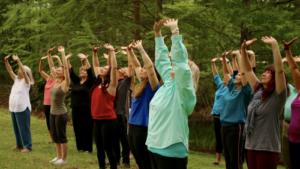 A group of people practicing outdoor Qigong, raising their arms towards the sky surrounded by lush greenery, fostering health and harmony in nature.