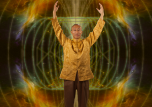 Master Mingtong Gu in a golden traditional outfit, raising his arms in a Qigong posture, surrounded by vibrant energy fields and sacred geometric patterns.