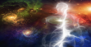 Abstract representation of a human energy body illuminated with a white light in the chest area, set against a cosmic background of galaxies and vibrant colors, symbolizing universal connection and spiritual awakening.