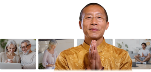 Master Mingtong Gu in a golden silk robe, smiling and offering a gesture of gratitude, with a collage of diverse individuals practicing meditation and connecting virtually, symbolizing community, mindfulness, and holistic well-being.