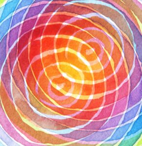 Colorful abstract watercolor painting with concentric swirling patterns in vibrant shades of red, orange, yellow, blue, and purple, evoking a sense of energy and creativity.