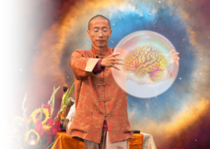 Master Mingtong Gu performing a Wisdom Healing Qigong practice, energetically holding a visualized brain within a luminous orb, set against a cosmic background of vibrant colors and light, symbolizing mind-body healing and transformation.