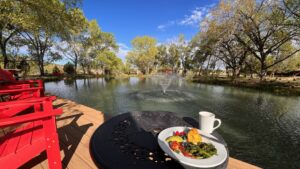 Scenic outdoor dining by a tranquil pond with a central fountain, surrounded by lush trees and a clear blue sky, featuring a plate of fresh food and a coffee mug on a decorative table with red chairs nearby.