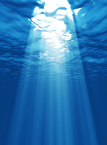Underwater view with sunlight beams penetrating through the clear blue water, creating a serene and tranquil atmosphere.