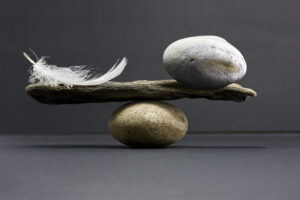 A balanced arrangement of a feather and a stone on a piece of driftwood, supported by a smooth pebble, symbolizing harmony and equilibrium on a neutral gray background.