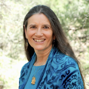 Portrait of Sandra Ingerman, a renowned teacher and shamanic practitioner, smiling warmly in a natural outdoor setting, wearing a vibrant blue scarf and gold pendant.