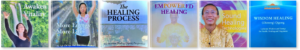 Collage showcasing six Wisdom Healing Qigong resources, including 'Awaken Vitality,' 'More Energy More Life,' 'The Healing Process,' 'Empowered Healing,' 'Sound Healing Technologies,' and 'Wisdom Healing (Zhineng) Qigong,' highlighting diverse tools for health, energy, and self-healing.