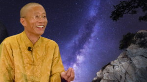 Master Mingtong Gu radiating joy in a golden traditional robe, with the majestic Milky Way stretching across a starry night sky and rugged rock formations, symbolizing wisdom, connection, and the boundless universe.