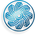 Blue circular logo featuring a dynamic spiral design with six curved, petal-like shapes radiating from a central circle, symbolizing energy, flow, and unity.