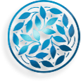 Blue circular logo featuring a symmetrical design of overlapping leaves, representing harmony, nature, and balance.