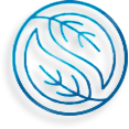 Blue circular logo featuring stylized leaves forming a yin-yang-like pattern, symbolizing balance, nature, and harmony.
