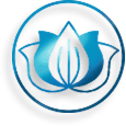 Blue lotus flower logo symbolizing tranquility, balance, and spiritual growth within a circular frame.