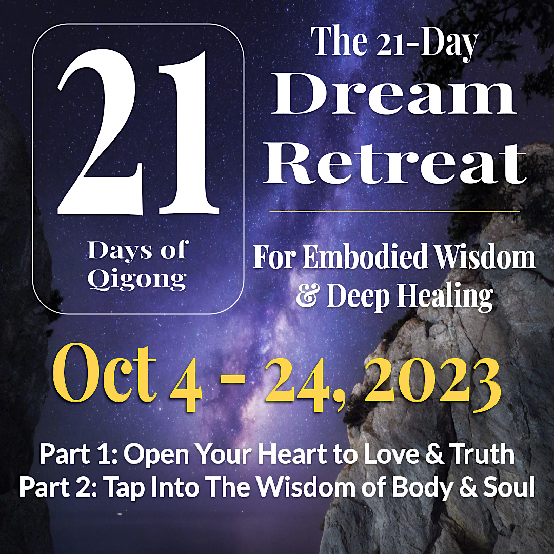 Promotional image for 'The 21-Day Dream Retreat,' featuring dates October 4 to 24 2023' and a starry night sky background