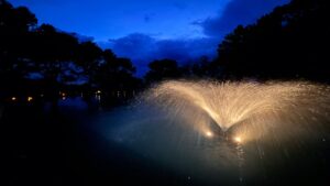Illuminated water fountain at night, creating a radiant golden spray against a deep blue sky and surrounded by silhouetted trees, evoking a tranquil and magical atmosphere.