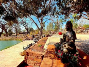 Serene view of the terraces and water features at the Chi Center, featuring a meditative Buddha statue surrounded by flowers, overlooking a tranquil pond and shaded by majestic trees.