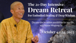 Banner for 'The 21-Day Intensive: Dream Retreat for Embodied Healing & Deep Wisdom,' featuring Master Mingtong Gu smiling against a serene night sky filled with stars.
