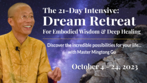 Banner for 'The 21-Day Intensive' featuring a starry night sky background and partial view of a serene figure in the corner, evoking a sense of peace and transformation.