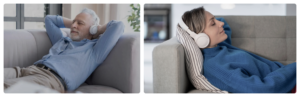 Relaxed elderly man and woman wearing headphones, lying comfortably on couches, enjoying a meditative or calming audio experience at home.