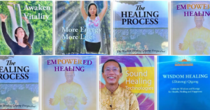 Collage of Wisdom Healing Qigong courses and books, featuring titles such as 'Awaken Vitality,' 'More Energy More Life,' 'The Healing Process,' 'Empowered Healing,' and 'Sound Healing Technologies,' highlighting transformative practices for energy, health, and inner balance.