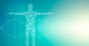 Digital representation of a human figure made of glowing particles with DNA strands in the background, symbolizing energy healing, holistic wellness, and the connection between human health and genetics.