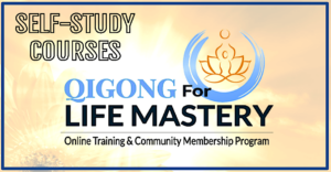 Promotional banner for Qigong for Life Mastery featuring the text 'Self-Study Courses' and 'Online Training & Community Membership Program,' with a warm golden background and a lotus symbol.