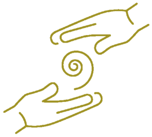 Icon of two hands encircling a spiral, symbolizing energy flow, balance, and healing connection.