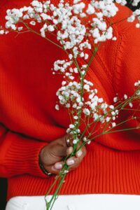 A close-up of a person wearing a vibrant red sweater holding a delicate bouquet of white baby's breath flowers. The intricate blossoms stand out against the rich hue of the sweater, and the person's fingers gently grasp the green stems, showcasing a subtle contrast in colors and textures.
