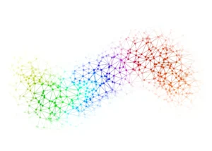 Colorful abstract network of interconnected nodes and lines forming a wave-like pattern, transitioning through shades of green, blue, purple, and orange on a white background.