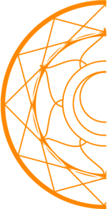 Abstract geometric design featuring an orange outline of interwoven lines and shapes, forming a semi-circular pattern with intricate details on a white background.