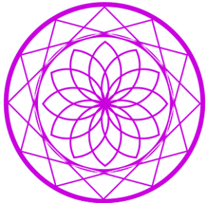 Purple geometric mandala design with interlocking triangular patterns and lotus-like petals forming a circular motif on a white background.