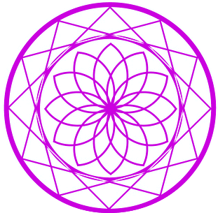 Purple geometric mandala design with interlocking triangular patterns and lotus-like petals forming a circular motif on a white background.